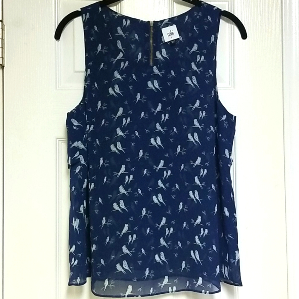 CAbi Blue Tiny Birds Sleeveless Blouse Size Small